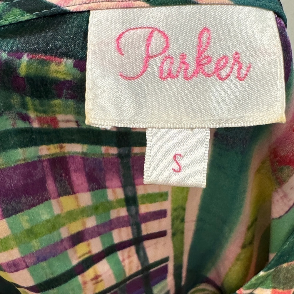 Parker 100% Silk Faux Wrap Surplice Neckline Long Sleeve Mini Colorful Dress S - Picture 13 of 14